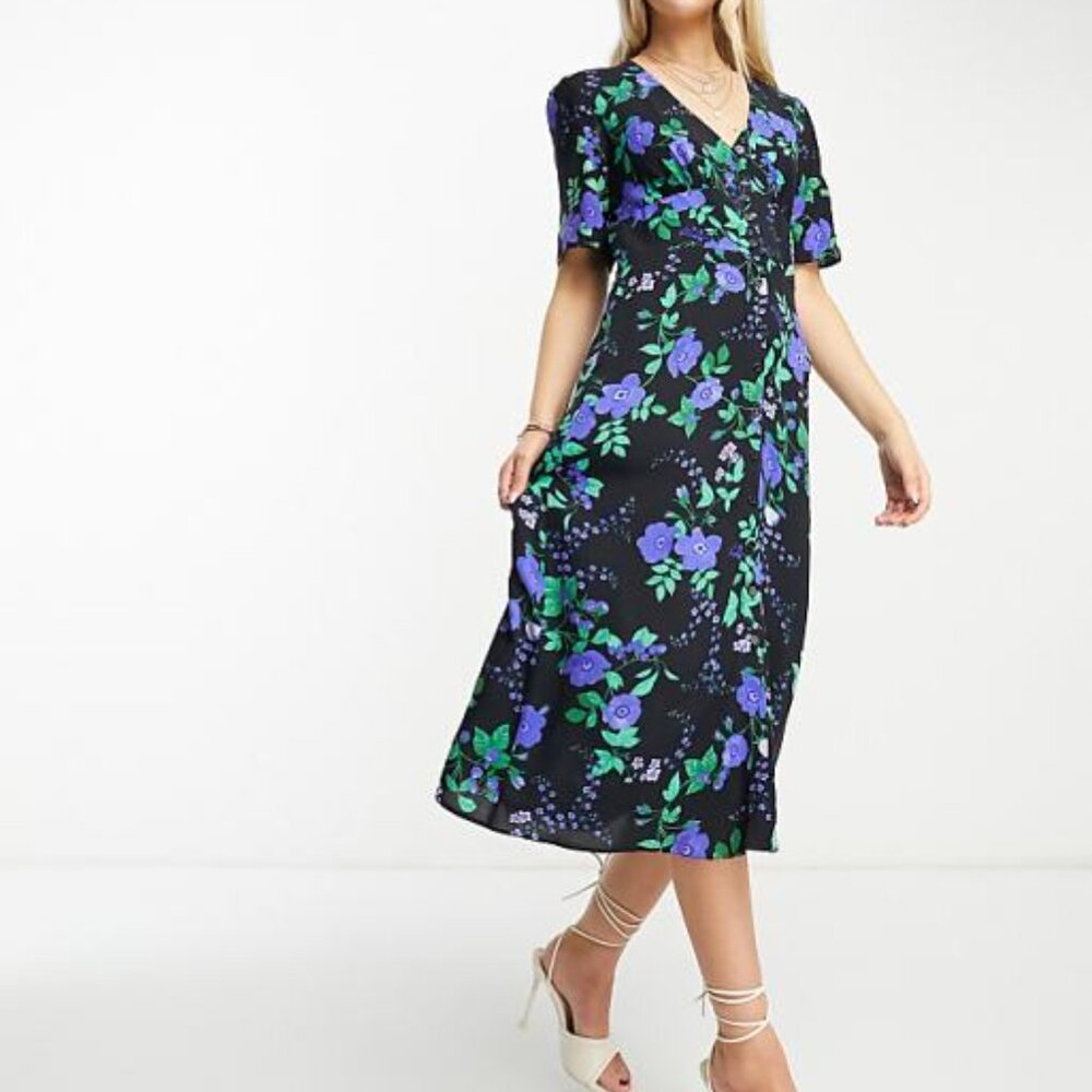 Nobody’s Child “Alexa” Midi Dress — Blue Floral — US 6 / UK 10 (Small)